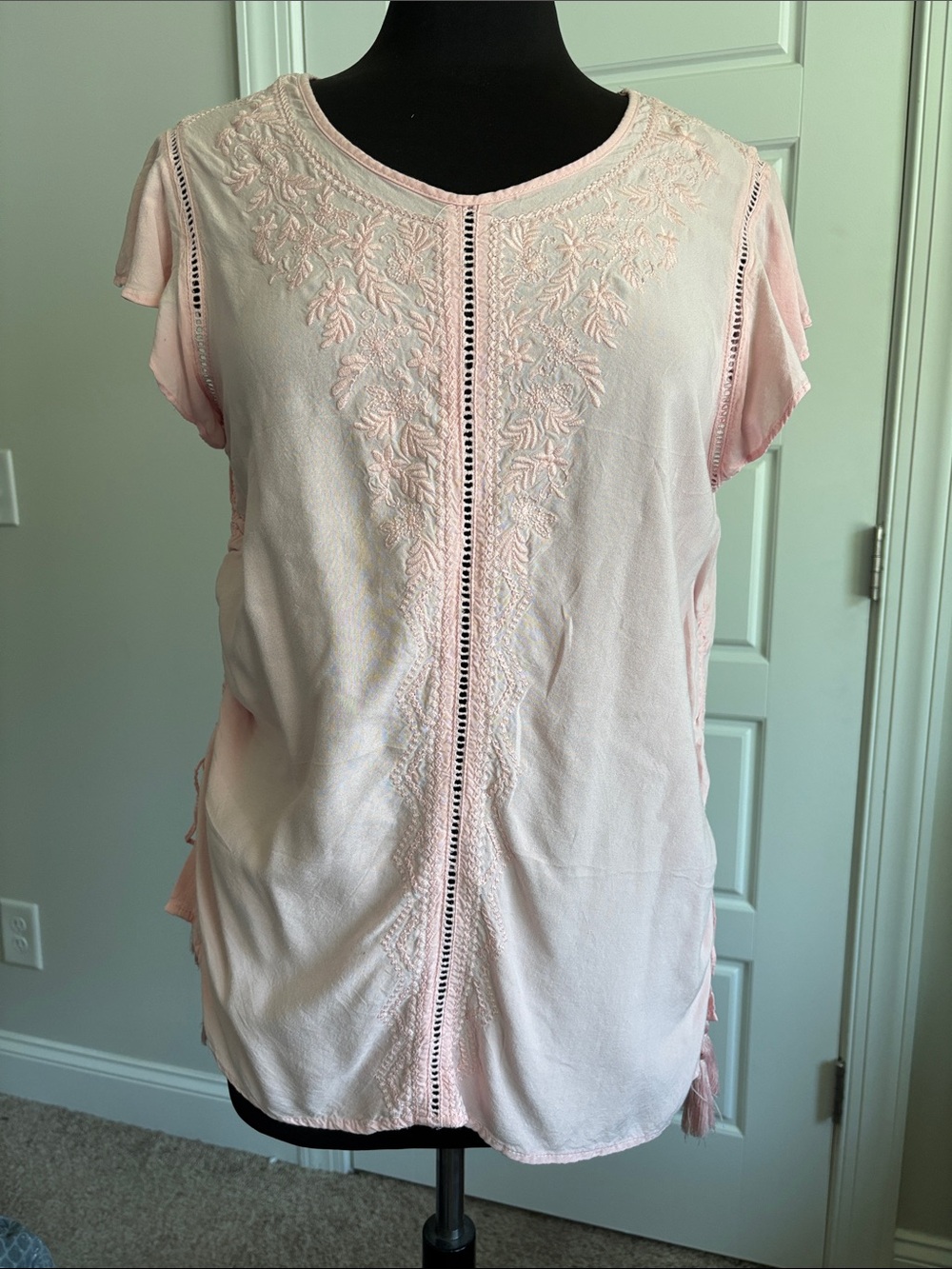 Boho-style Light Pink Embroidered  Blouse